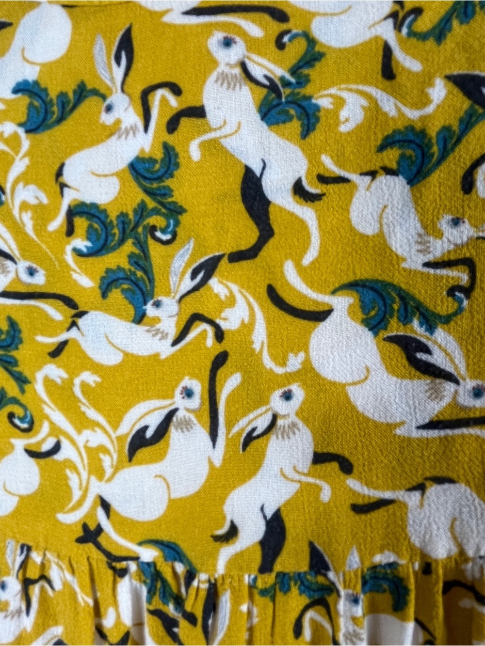 Maeve Anthropologie Shirt Womens 6 Yellow Rabbit Print Peplum Long Sleeve Ruffle - Picture 9 of 13
